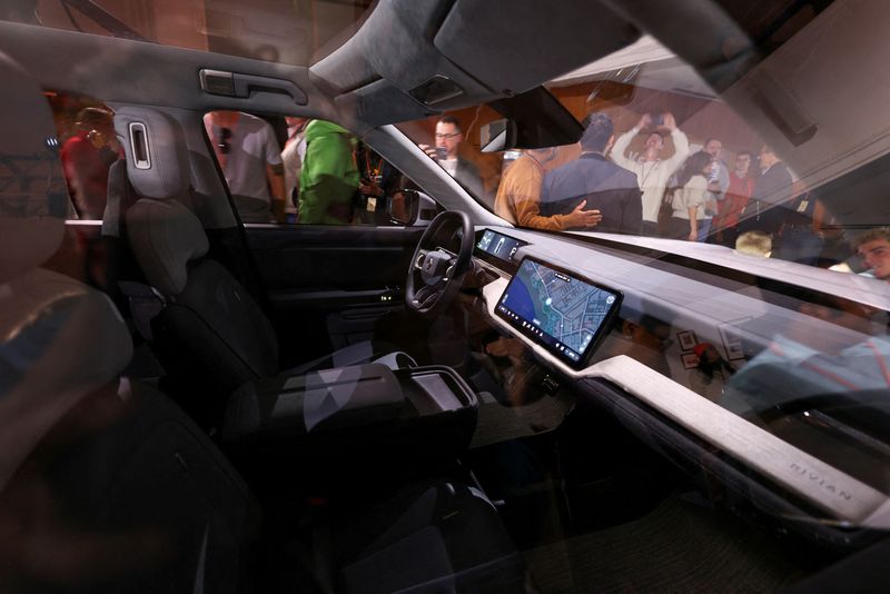 &copy; Reuters. FILE PHOTO: View of the interior of the R2 SUV, unveiled by electric truck maker Rivian during an event in Laguna Beach, California, U.S. March 7, 2024. REUTERS/Mike Blake/File Photo