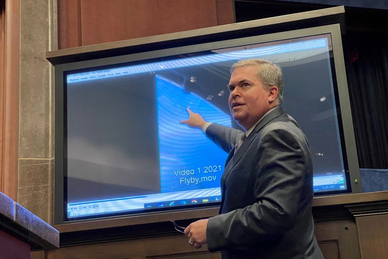 &copy; Reuters. FILE PHOTO: Deputy Director of U.S. Naval Intelligence Scott Bray points to a video of a 'flyby' as he testifies before a House Intelligence Counterterrorism, Counterintelligence, and Counterproliferation Subcommittee hearing about "Unidentified Aerial Ph
