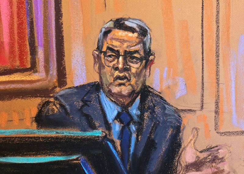 &copy; Reuters. Former Honduras President Juan Orlando Hernandez testifies during his trial on U.S. drug trafficking charges in federal court in the Manhattan borough of New York City, U.S., March 6, 2024 in this courtroom sketch. REUTERS/Jane Rosenberg