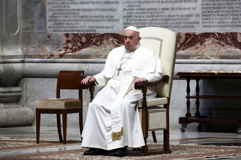 &copy; Reuters. Pope Francis sits on the day of the Episcopal Ordination of Monsignor Vincenzo Turturro at St. Peter's Basilica at the Vatican March 9, 2024. REUTERS/Guglielmo Mangiapane