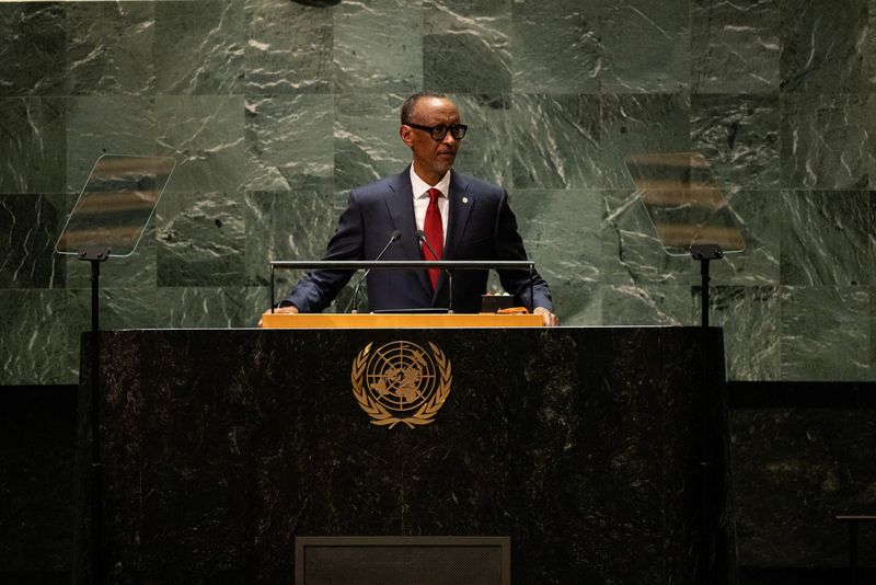 &copy; Reuters. الرئيس الرواندي بول كاجامي خلال إلقاء كلمة أمام الجمعية العامة التابعة لمنظمة الأمم المتحدة بالمقر الرئيسي في نيويورك يوم 20 سبتمبر أيلول 202