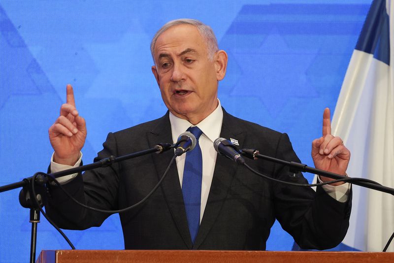 &copy; Reuters. FILE PHOTO: Israeli Prime Minister Benjamin Netanyahu addresses the Conference of Presidents of Major American Jewish Organizations, amid the ongoing conflict between Israel and the Palestinian Islamist group Hamas, in Jerusalem, February 18, 2024. REUTER