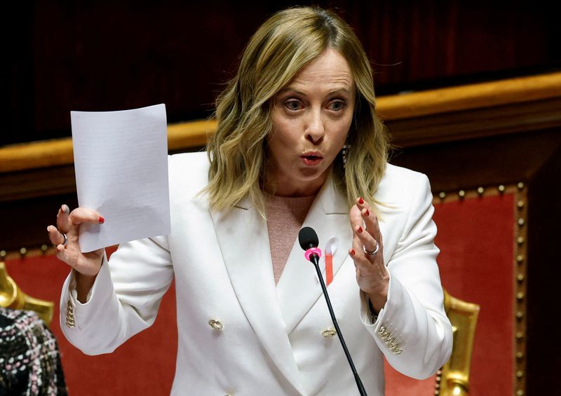 &copy; Reuters. Primeira-ministra da Itália, Giorgia Meloni, durante sessão do Parlamento, em Roma
23/11/2023 REUTERS/Remo Casilli