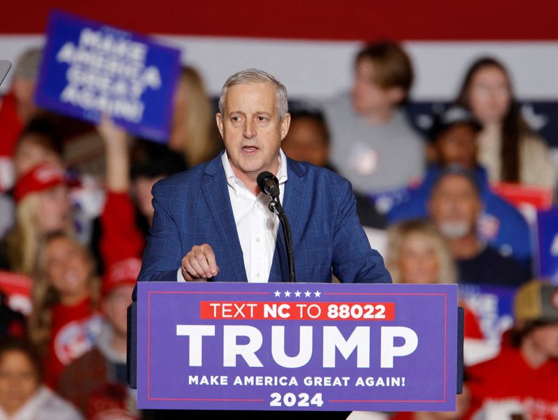 &copy; Reuters. FILE PHOTO: North Carolina Republican Party chairman Michael Whatley, who became chair of the Republican National Committee on March 8 with the support of presidential canidate and former President Donald Trump, speaks before Trump's arrival for a rally i