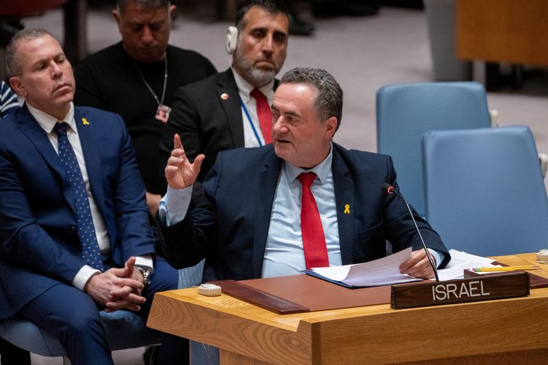 &copy; Reuters. Israel Katz, ministro das Relações Exteriores das Nações Unidas, durante reunião do Conselho de Segurança das Nações Unidas na sede da ONU em Nova York, EUA
11/03/2024
REUTERS/David 'Dee' Delgado