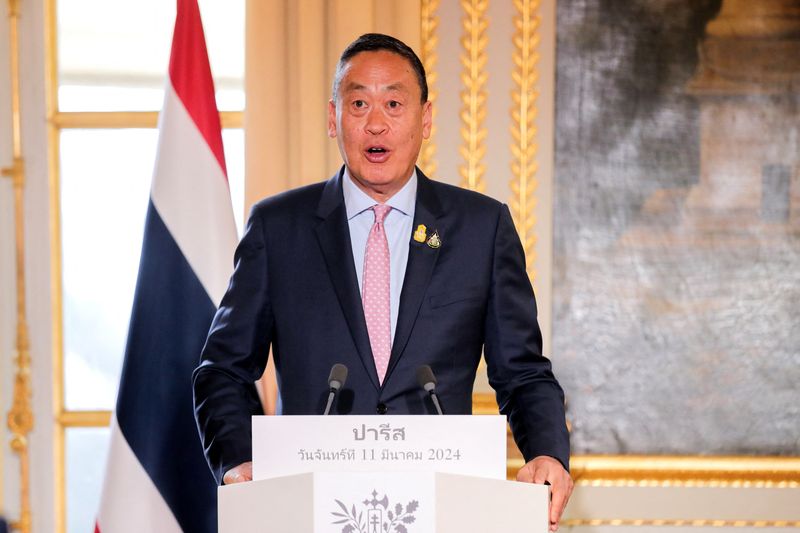 &copy; Reuters. Thailand's Prime Minister Srettha Thavisin speaks during a joint statement with French President Emmanuel Macron (not pictured) at the Elysee Palace in Paris, France, March 11, 2024. Teresa Suarez/Pool via REUTERS