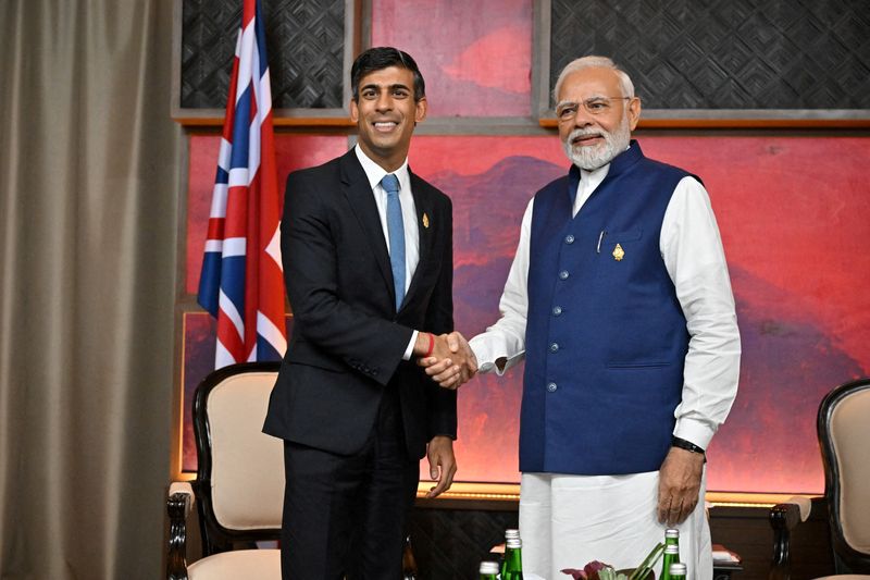 &copy; Reuters. British Prime Minister Rishi Sunak and India's Prime Minister Narendra Modi hold a bilateral meeting on November 16, 2022 in Nusa Dua, Indonesia. Leon Neal/Pool via REUTERS/File Photo