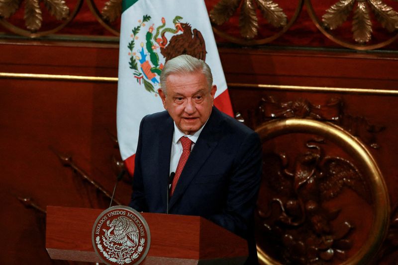 &copy; Reuters. FILE PHOTO: Mexico's President Andres Manuel Lopez Obrador delivers a speech to present a package of constitutional reforms, including on the judiciary, electoral system, salaries, and pensions, at the National Palace in Mexico City, Mexico February 5, 20