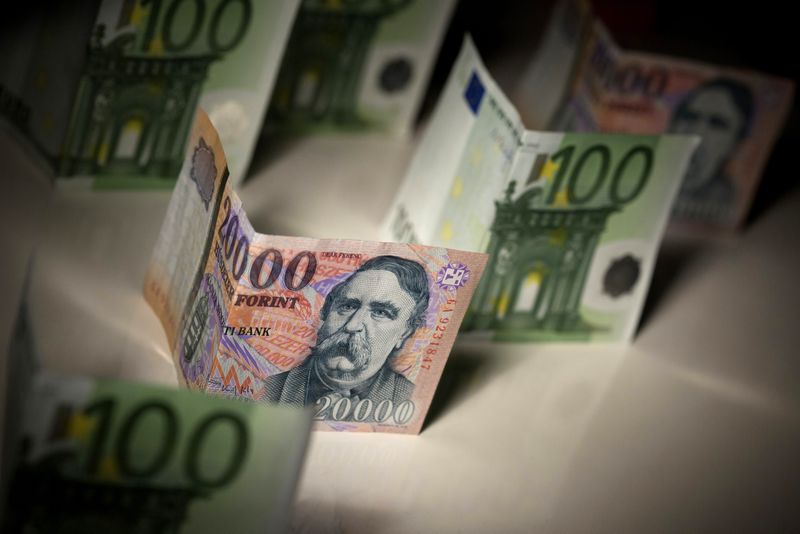 © Reuters. Hungarian forint and Euro notes are seen in this photo illustration taken in Budapest February 6, 2014. Hungary's central bank cut interest rates by 15 basis points to a new low of 2.7 percent on Tuesday, more than had been expected given recent weakness in the forint currency. Picture taken February 6, 2014. REUTERS/Bernadett Szabo/ File photo