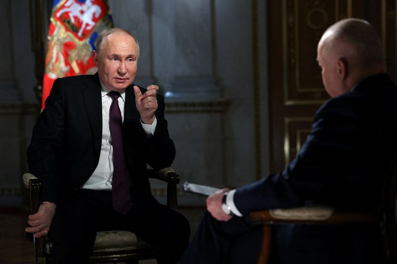 © Reuters. Vladimir Putin speaks during an interview in Moscow, March 12, 2024. Sputnik/Gavriil Grigorov/Pool via REUTERS 