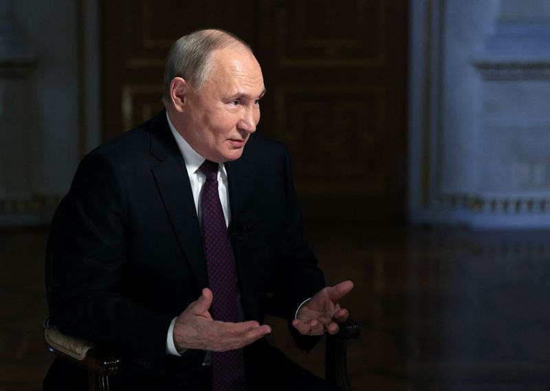 &copy; Reuters. Russian President Vladimir Putin gives an interview to Rossiya Segodnya news agency in Moscow, Russia, March 12, 2024. Sputnik/Gavriil Grigorov/Pool via REUTERS
