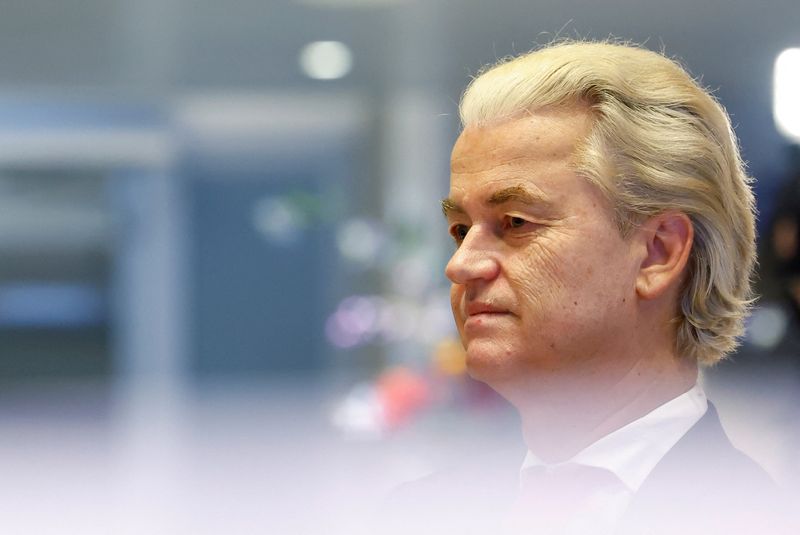 &copy; Reuters. FILE PHOTO: Dutch far-right politician and leader of the PVV party Geert Wilders attends a meeting of Dutch parties' lead candidates, for the first time after elections, in which far-right politician Geert Wilders booked major gains, to begin coalition ta