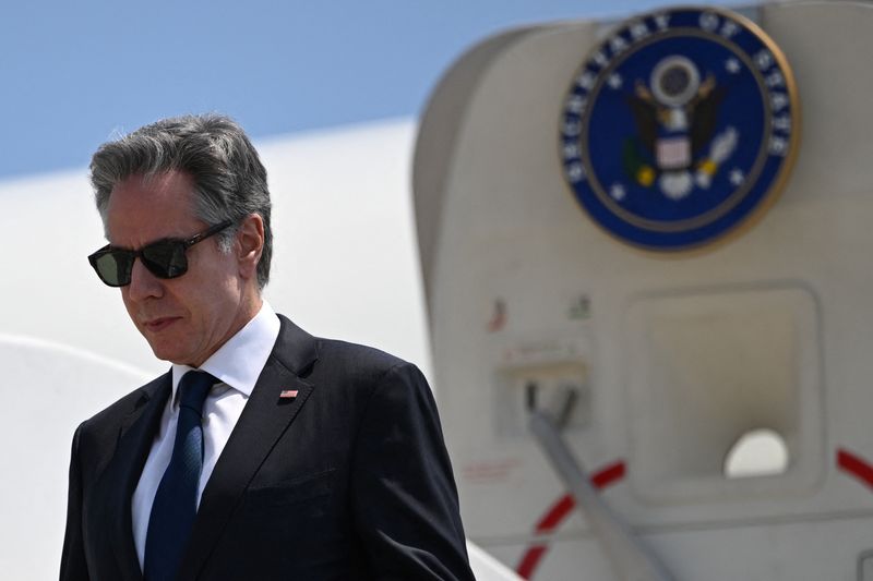 &copy; Reuters. FILE PHOTO: US Secretary of State Antony Blinken disembarks a plane upon arrival at Norman Manley International Airport, in Kingston, Jamaica, March 11, 2024. Andrew Caballero-Reynolds/Pool via REUTERS/ File photo