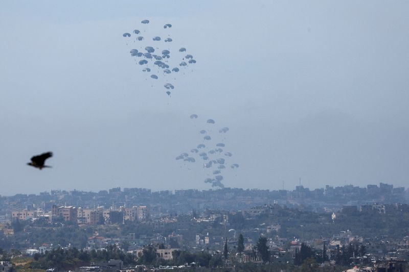 &copy; Reuters. طائرات تسقط مساعدات فوق غزة وسط الصراع المستمر بين إسرائيل وحركة حماس الفلسطينية كما تظهر من إسرائيل يوم الأربعاء. تصوير: كارلوس جارسيا رول
