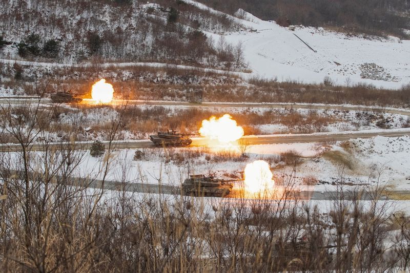 &copy; Reuters. FILE PHOTO: South Korean army K1A2 tanks take part in a joint combat firing drill between South Korean and U.S. troops near the demilitarized zone separating two Koreas, in Pocheon, South Korea, January 2, 2024.The Defense Ministry/Handout via REUTERS/Fil