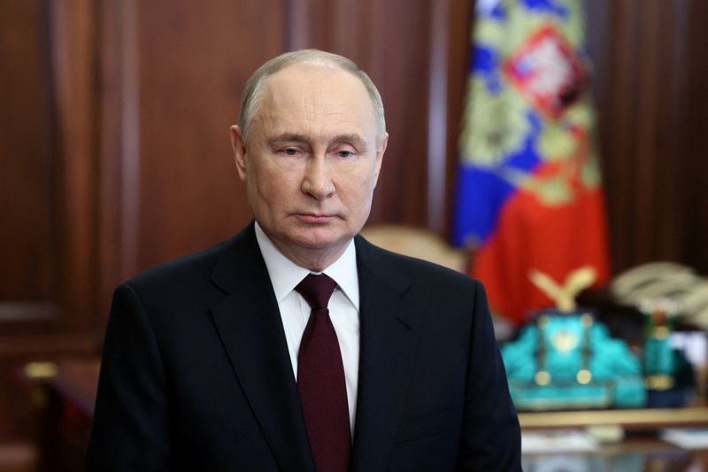 &copy; Reuters. Russian President Vladimir Putin makes a video address dedicated to the upcoming presidential election, in Moscow, Russia, in this picture released March 14, 2024. Sputnik/Mikhail Metzel/Pool via REUTERS ATTENTION EDITORS - THIS IMAGE WAS PROVIDED BY A TH