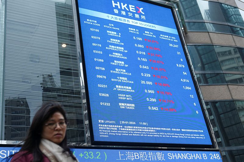 &copy; Reuters. A woman walks in front of a screen displaying Evergrande's stock prices among others outside the Exchange Square, after a court ordered the liquidation of China Evergrande Group, in Hong Kong, China January 29, 2024. REUTERS/Lam Yik/File photo