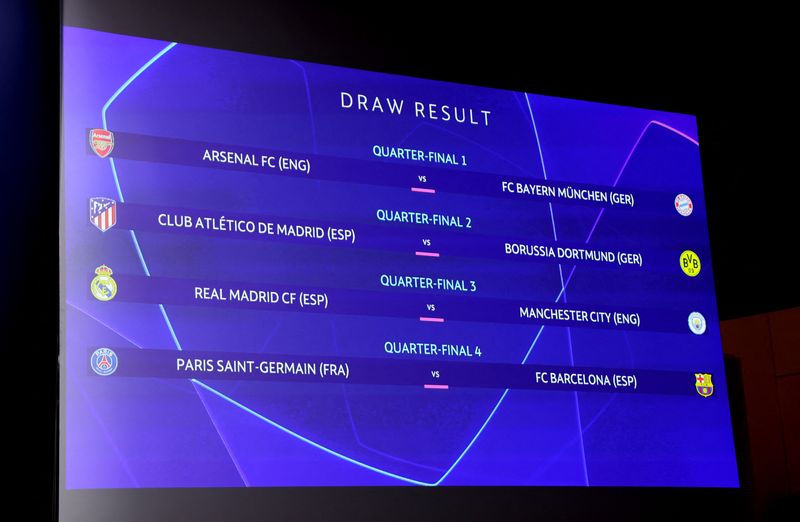 &copy; Reuters. Tela mostra resultado do sorteio das quartas de final da Liga dos Campeões na sede da Uefa, em Nyon
15/03/2024 REUTERS/Denis Balibouse