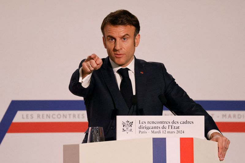 © Reuters. الرئيس الفرنسي إيمانويل ماكرون في باريس يوم 12 مارس آذار 2024. صورة لرويترز من ممثل لوكالات الأنباء.
