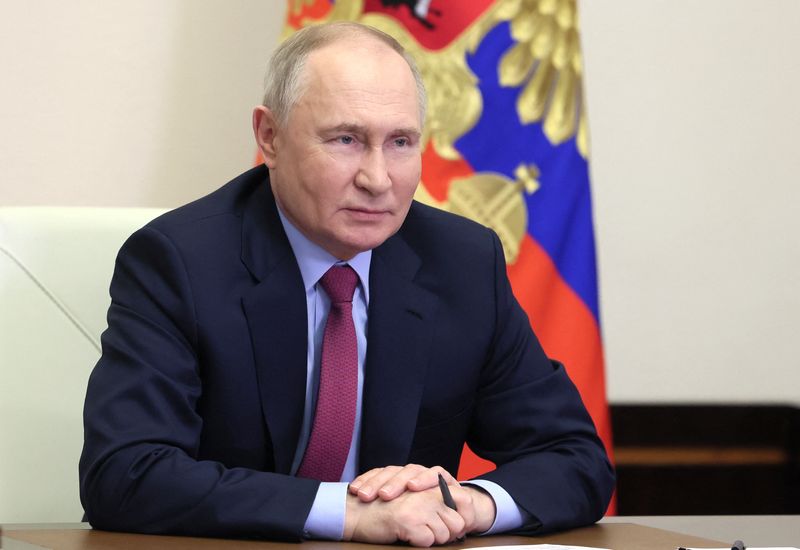 &copy; Reuters. الرئيس الروسي فلاديمير بوتين خلال اجتماع عن بعد في موسكو يوم 14 مارس آذار 2024. صورةلرويترز من ممثل لوكالات الأنباء. 