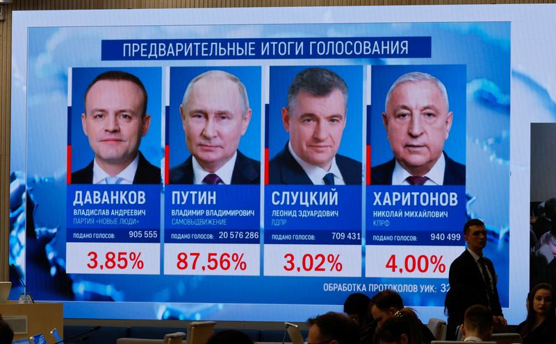 © Reuters. Los resultados preliminares de las elecciones presidenciales se muestran en una pantalla en la sede de la Comisión Electoral Central de Rusia en Moscú
Mar 17, 2024. REUTERS/Shamil Zhumatov