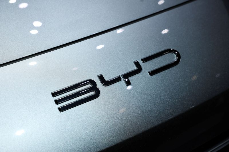&copy; Reuters. The BYD logo is displayed on a car during the media day of the 91st Geneva Auto Show, in Geneva, Switzerland, February 26, 2024. REUTERS/Denis Balibouse/file photo