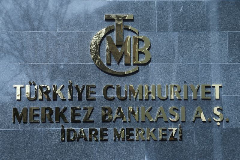 &copy; Reuters. A logo of Turkey's Central Bank is pictured at the entrance to its headquarters in Ankara, Turkey February 8, 2024. REUTERS/Cagla Gurdogan/File Photo