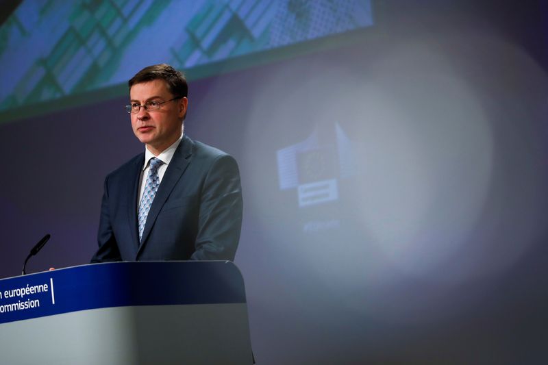 &copy; Reuters. European Commissioner for An Economy that Works for the People, Valdis Dombrovskis, looks on during an online news conference on European trade policy at the European Commission headquarters in Brussels, Belgium February 18, 2021. Francisco Seco/Pool via 