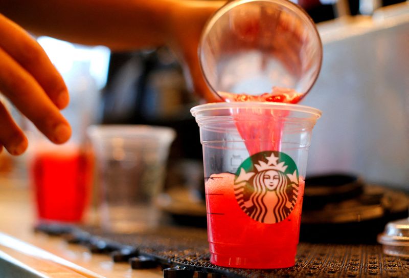 &copy; Reuters. FILE PHOTO: A barista pours a drink at a Starbucks coffee shop in Fountain Valley, California August 22, 2013. REUTERS/Mike Blake/File Photo