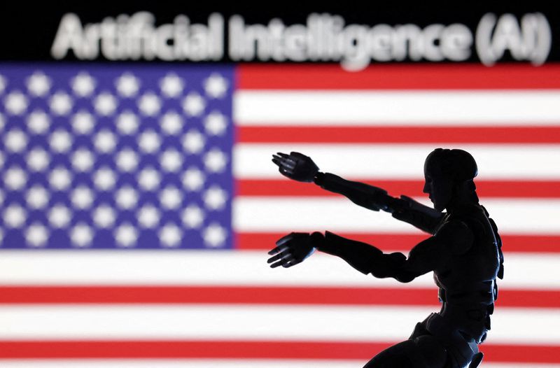 &copy; Reuters. FILE PHOTO: AI Artificial intelligence words, miniature of robot and U.S. flag are seen in this illustration taken December 21, 2023. REUTERS/Dado Ruvic/Illustration/File Photo