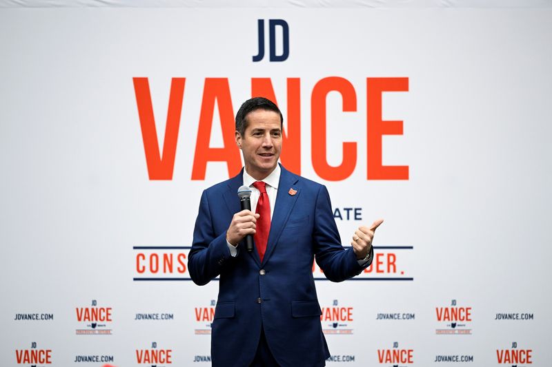 &copy; Reuters. FILE PHOTO: Former Republican senate candidate Bernie Moreno introduces JD Vance and Donald Trump Jr. at an event ahead of next month's primary election in Independence, Ohio, U.S., April 20, 2022.  REUTERS/Gaelen Morse