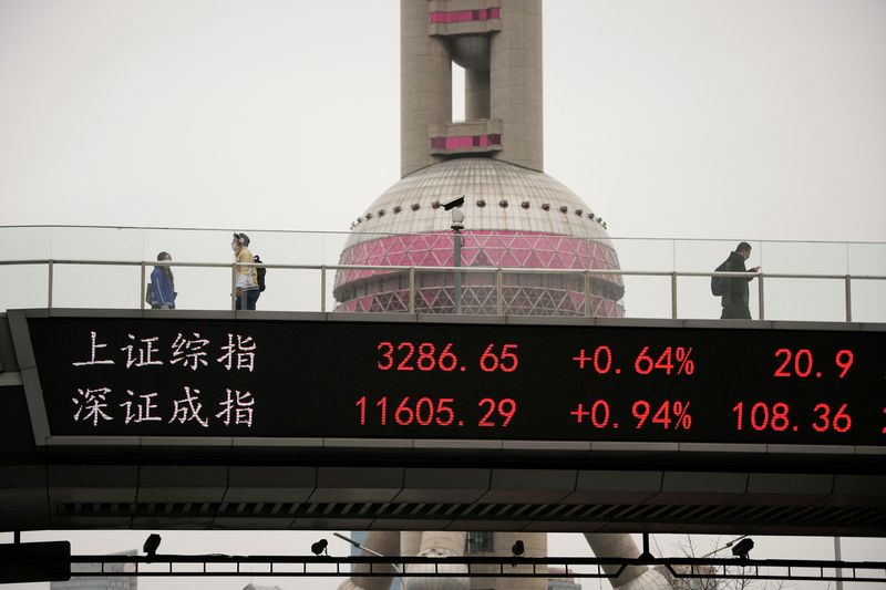 &copy; Reuters. Imagen de archivo de una pantalla electrónica mostrando los índices bursátiles de Shanghái y Shenzhen en el distrito financiero de Lujiazui, en Shanghái, China. 24 marzo 2023. REUTERS/Aly Song
