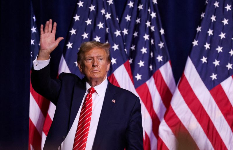 &copy; Reuters. FILE PHOTO: Republican presidential candidate and former U.S. President Donald Trump gestures during a campaign rally at the Forum River Center in Rome, Georgia, U.S. March 9, 2024. REUTERS/Alyssa Pointer/File Photo