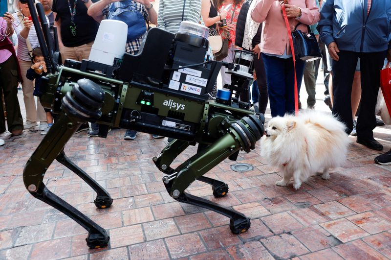 &copy; Reuters. Una perra llamada Lucy, de 4 años, huele un 'perro robot' de la policía destinado a ayudar a hacer cumplir las leyes de tráfico para 'e-scooters', durante su presentación a los medios de comunicación, en Málaga, Andalucía, España. 19 de marzo de 2