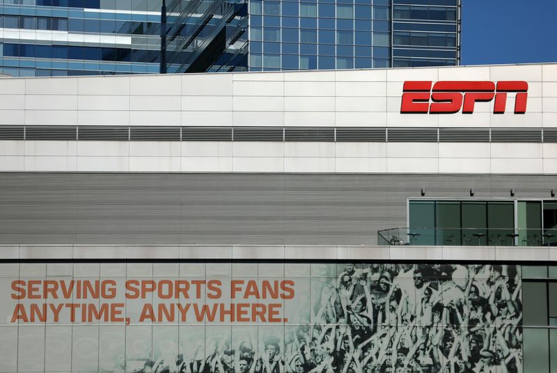 &copy; Reuters. FILE PHOTO: ESPN logo and building are shown in down town Los Angeles, California, U.S., March 6, 2017.    REUTERS/Mike Blake/File Photo