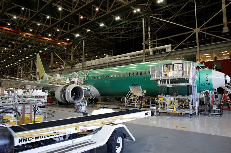 &copy; Reuters. FILE PHOTO: Boeing's new 737 MAX-9 is pictured under construction at their production facility in Renton, Washington, U.S., February 13, 2017. Picture taken February 13, 2017. REUTERS/Jason Redmond/File Photo