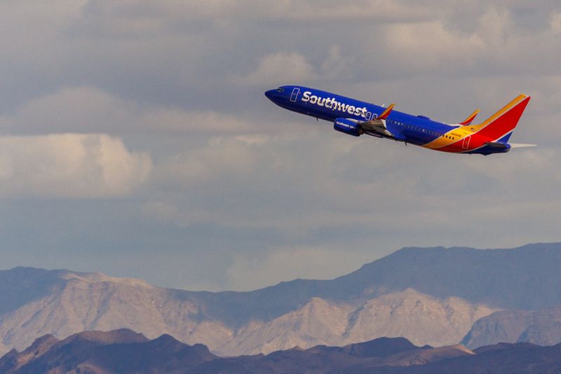 © Reuters. FILE PHOTO: A Southwest commercial airliner takes off from Las Vegas International Airport in Las Vegas, Nevada, U.S., February 8, 2024.  REUTERS/Mike Blake/File Photo