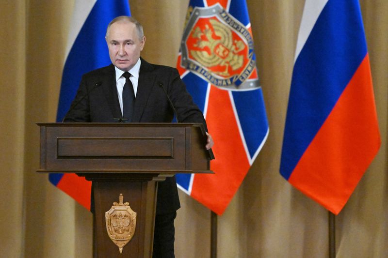 &copy; Reuters. Russian President Vladimir Putin delivers a speech during a meeting of the Federal Security Service (FSB) collegium in Moscow, Russia March 19, 2024. Sputnik/Sergey Guneev/Kremlin via REUTERS 