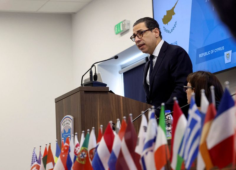 &copy; Reuters. Cyprus Foreign Minister Constantinos Kombos speaks during a meeting for Cyprus Maritime Corridor to Gaza at the Zenon Coordination Centre in Larnaca, Cyprus March 21, 2024.  Stavros Ioannides/PIO/Handout via REUTERS