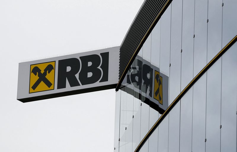 &copy; Reuters. The logo of Raiffeisen Bank International (RBI) is pictured on its headquarters in Vienna, Austria March 13, 2019.  REUTERS/Leonhard Foeger/File Photo