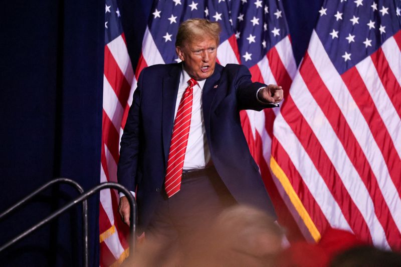 &copy; Reuters. FILE PHOTO: Republican presidential candidate and former U.S. President Donald Trump reacts during a campaign rally at the Forum River Center in Rome, Georgia, U.S. March 9, 2024. REUTERS/Alyssa Pointer/File Photo