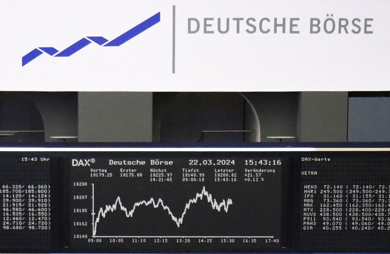 &copy; Reuters. شاشة إلكترونية تظهر حركة تداول الأسهم على مؤشر داكس الألماني في بورصة فرانكفورت يوم الجمعة . تصوير: رويترز   