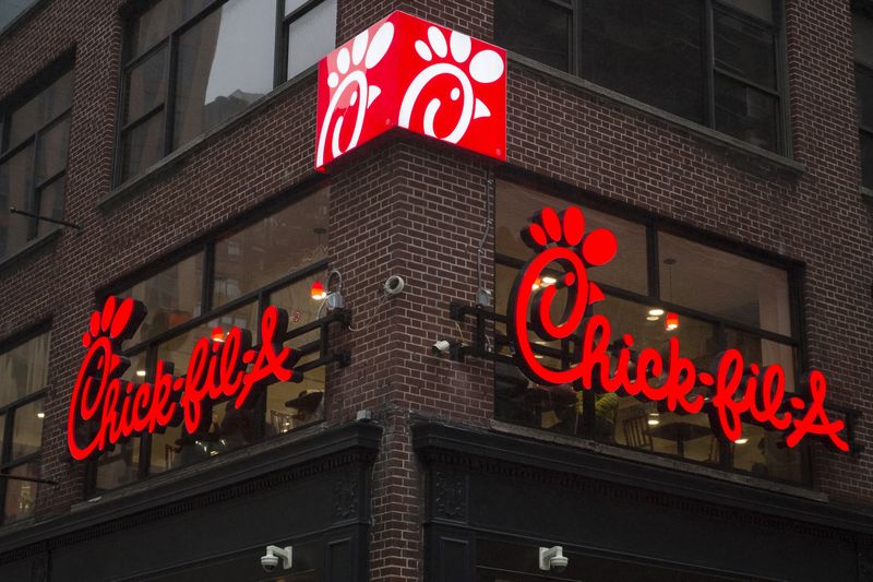 &copy; Reuters. FILE PHOTO: A franchise sign is seen above a Chick-fil-A freestanding restaurant after its grand opening in Midtown, New York October 3, 2015.  REUTERS/Rashid Umar Abbasi/File Photo
