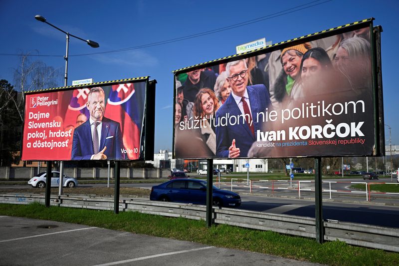 &copy; Reuters. Election?posters show Slovak presidential candidates Peter Pellegrini and Ivan Korcok ahead of the presidential election, in Trencin, Slovakia, March 22, 2024. The posters read: "Let's give Slovakia peace, pride and dignity" (Peter Pellegrini) and "To ser