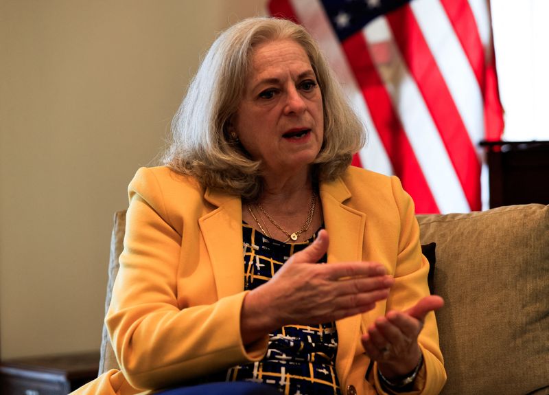 &copy; Reuters. United States Ambassador to Iraq Alina Romanowski speaks during an interview with Reuters at the U.S. embassy in Baghdad, Iraq March 23, 2024. REUTERS/Thaier Al-Sudani
