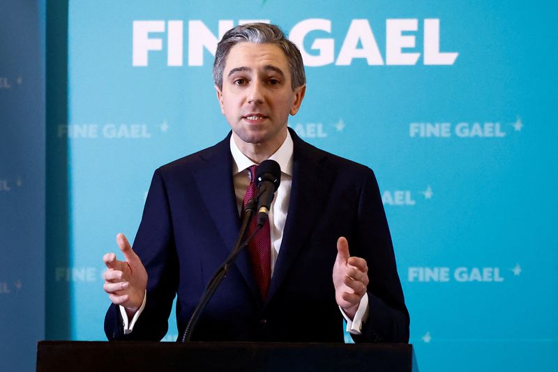 &copy; Reuters. Ireland's Minister for Higher Education, Simon Harris, speaks after being announced as the new leader of Fine Gael at the party's leadership election convention, in Athlone, Ireland, March 24, 2024. REUTERS/Clodagh Kilcoyne