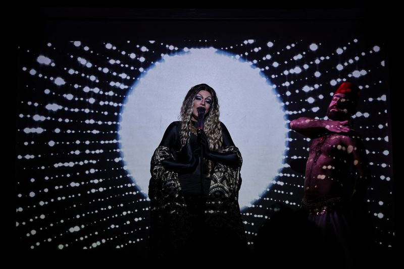 &copy; Reuters. Israeli drag queen who uses the name Judy LaDivina, 39, and 27-year-old Syrian dancer and activist, who uses the stage name 'The Darvish', perform on stage in their show 'Together', which they describe as "cultivating a prosperous connection and Arabic-Je