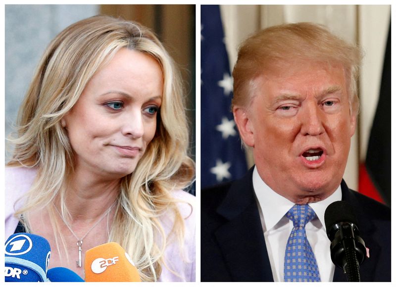 &copy; Reuters. A combination photo shows adult film actress Stephanie Clifford, also known as Stormy Daniels speaking in New York City, and then- U.S. President Donald Trump speaking in Washington, Michigan, U.S. on April 16, 2018 and April 28, 2018 respectively.  . REU