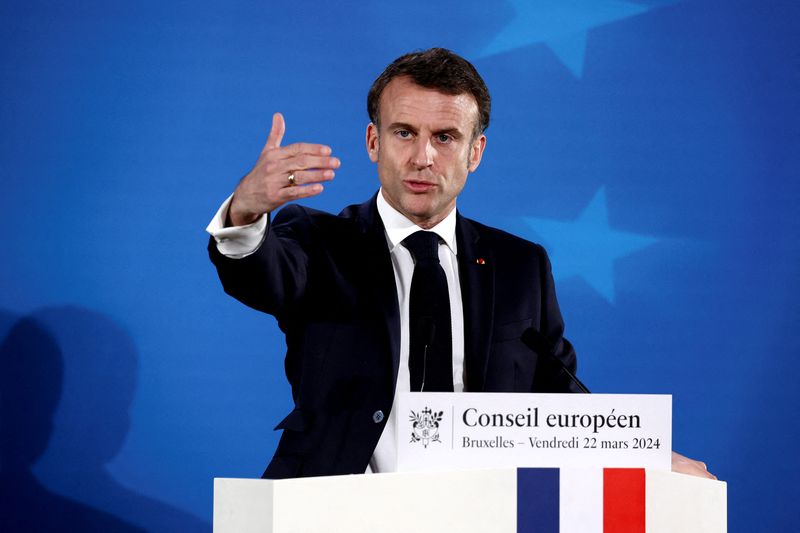 &copy; Reuters. FILE PHOTO: French President Emmanuel Macron speaks during a press conference on the day of a European Union leaders summit in Brussels, Belgium March 22, 2024. REUTERS/Yves Herman/File Photo