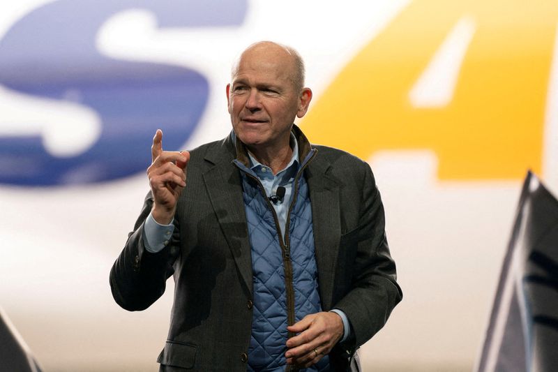 &copy; Reuters. FILE PHOTO: Dave Calhoun, CEO of Boeing, speaks on stage during the delivery of the final 747 jet at their plant in Everett, Washington, U.S. January 31, 2023.  REUTERS/David Ryder/File Photo